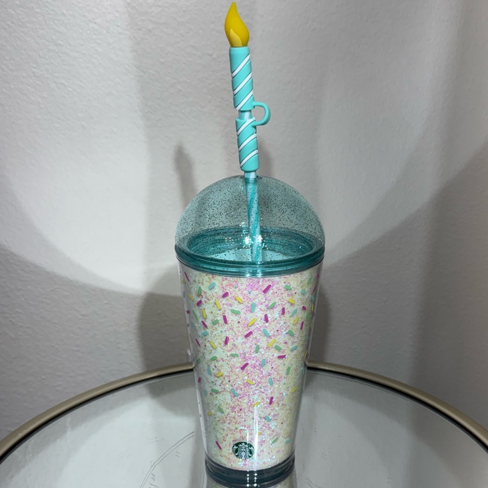 Starbucks 2025 Summer Confetti Glitter Dome Birthday Candle Topper Tumbler